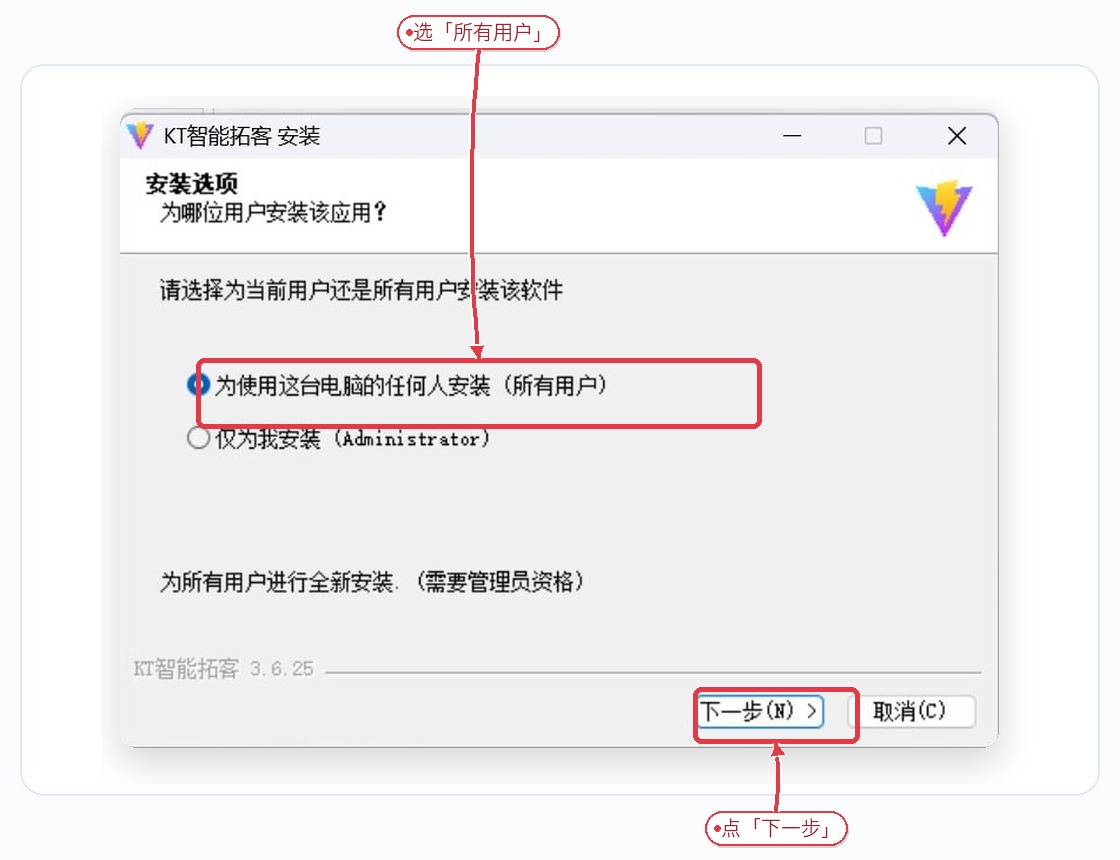 Windows install options all users or current user